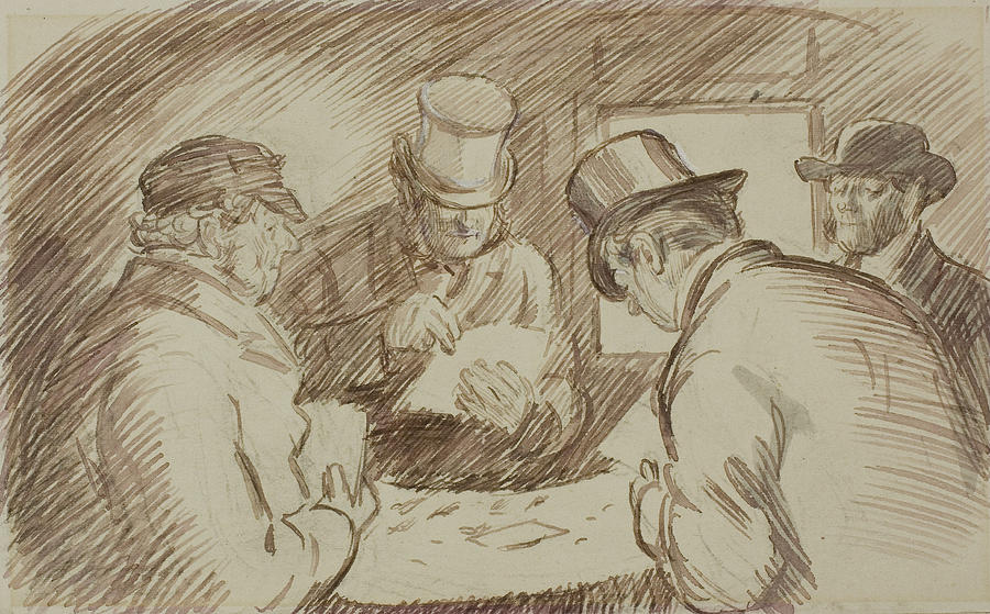 A Game of Cards Drawing by Charles Samuel Keene