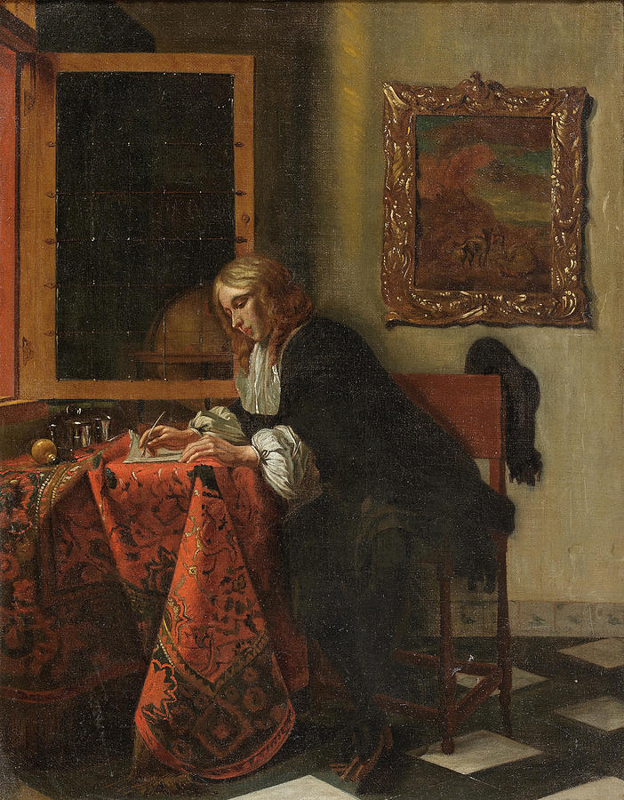 A gentleman writing a letter at a draped table in an interior Painting ...