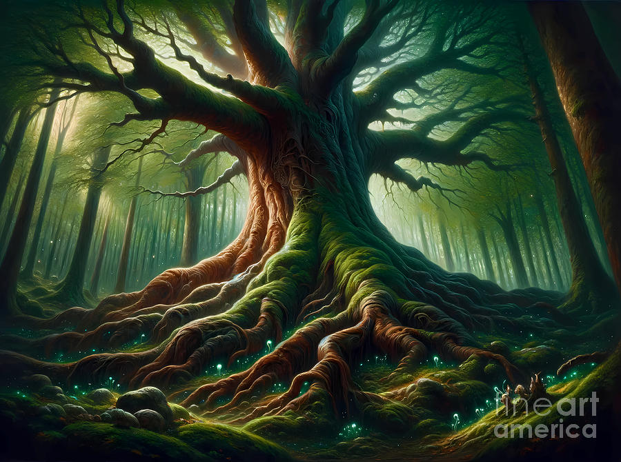 Magic Painting - A giant ancient tree with roots sprawling across an enchanted forest by Jeff Creation