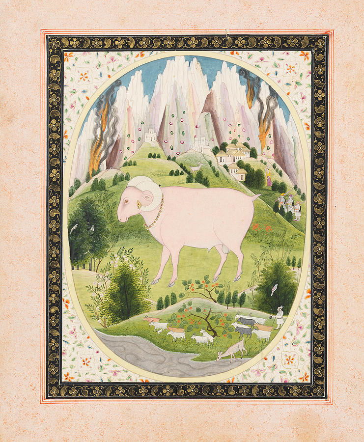 A Giant Ram In A Mountainous Landscape, Fires In The Distance, A Gaddi Tending His Herd In The Foreg Painting by Artistic Rifki