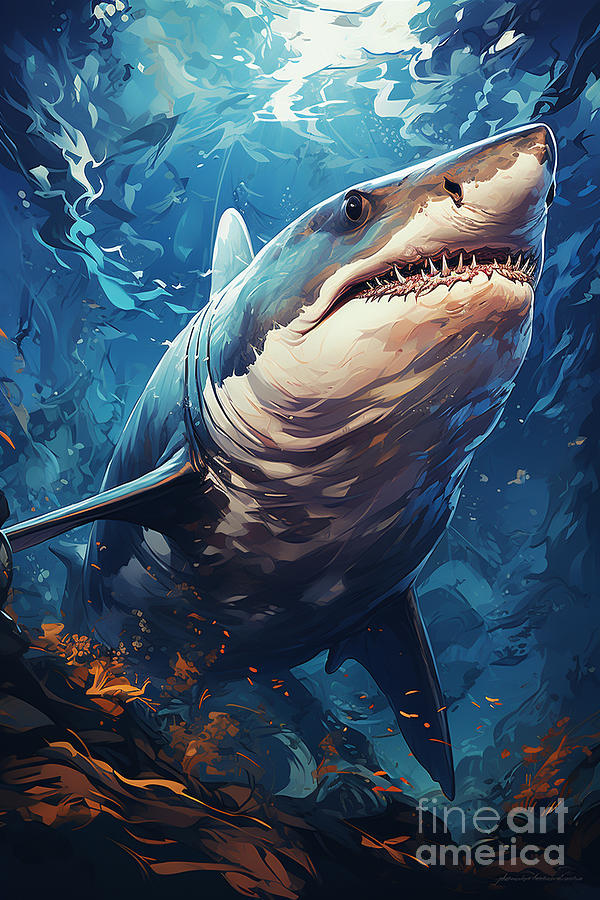 Jaws Painting - A  Gigantic  Great  White  Shark  In  Crystal  Clear  W  Db  FC    C  F by Artistic Rifki