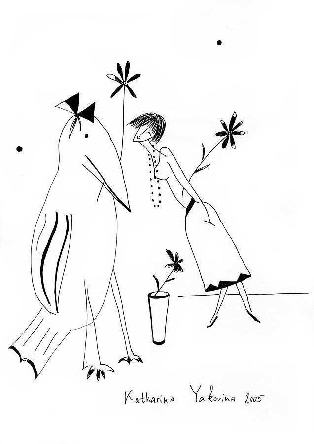 A Girl and a Bird Drawing by Ekaterina Yakovina