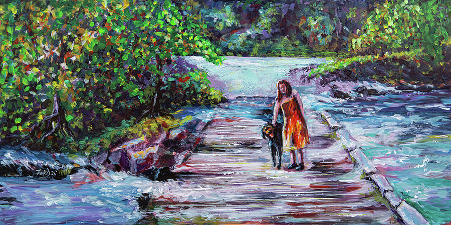 A girl and her dog on a flooded Leaseburg bridge on the Meramec ...