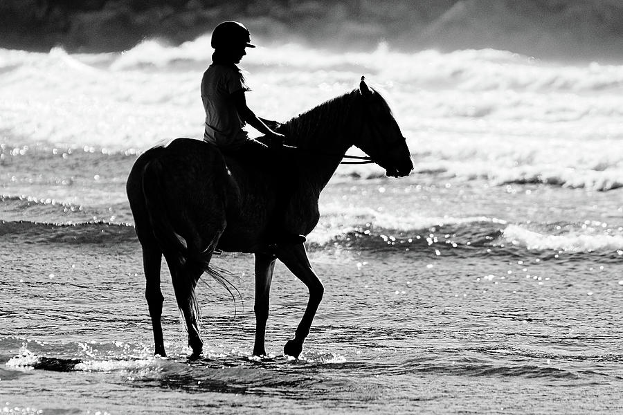 A Girl and Her Horse -- Girl Riding a Lusitano Horse on the Beach in Morro Bay, California Photograph by Darin Volpe
