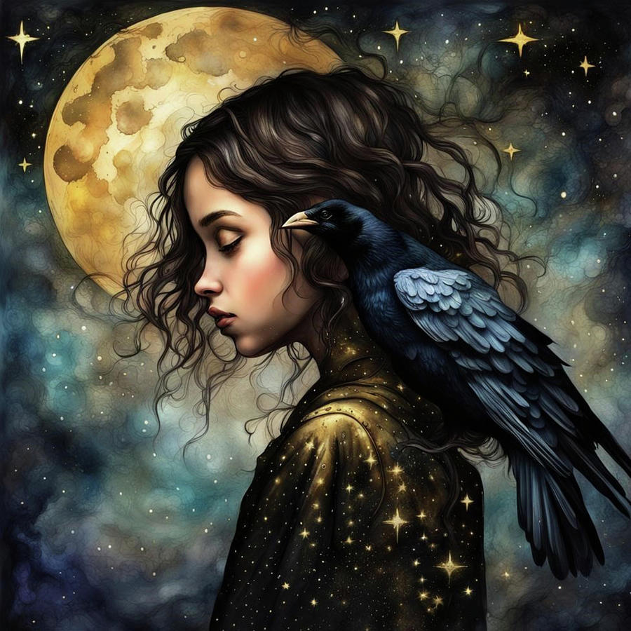 A Girl and Her Raven  Mixed Media by Christine Cholowsky