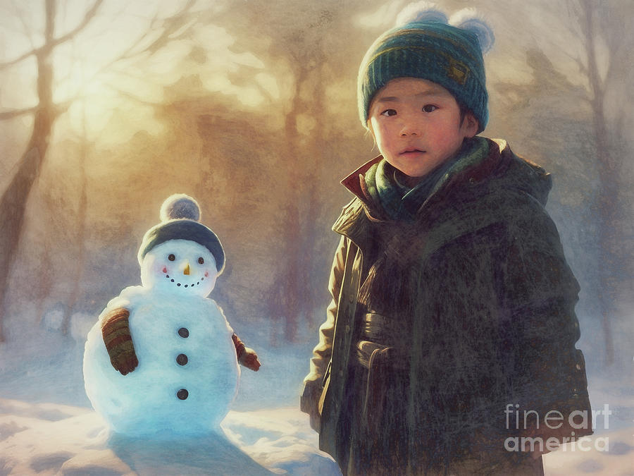 A Girl and Her Snowman Digital Art by Davy Cheng