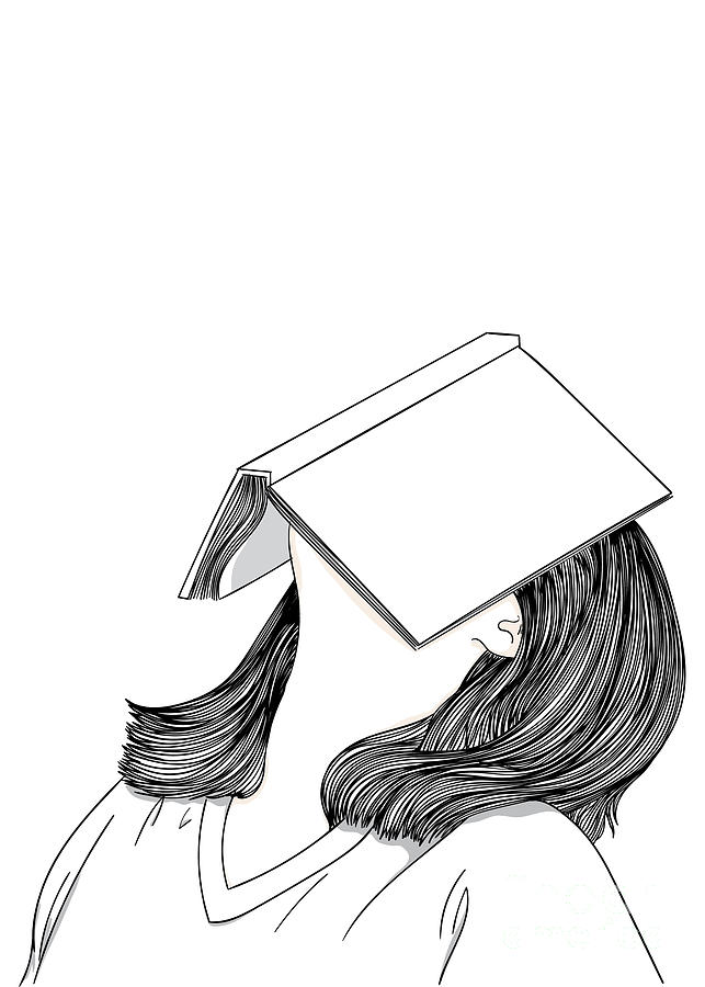 A Girl Getting Bored With A Book - Minimalist Black And White Graphic ...