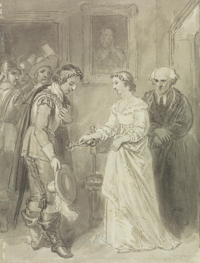 A Girl Giving a Key to a Cavalier Drawing by Thomas Stothard