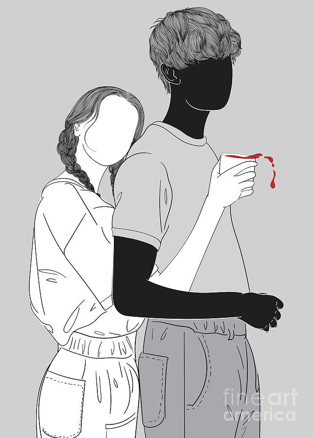 A Girl Hugging A Boy From Behind - Line Art Graphic Illustration Artwork Digital Art by Sambel Pedes