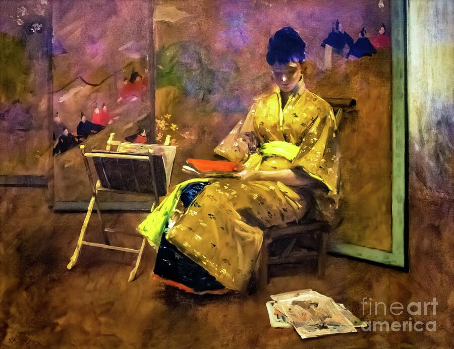 A Girl in Japanese Gown by William Merritt Chase 1887 Painting by William Chase