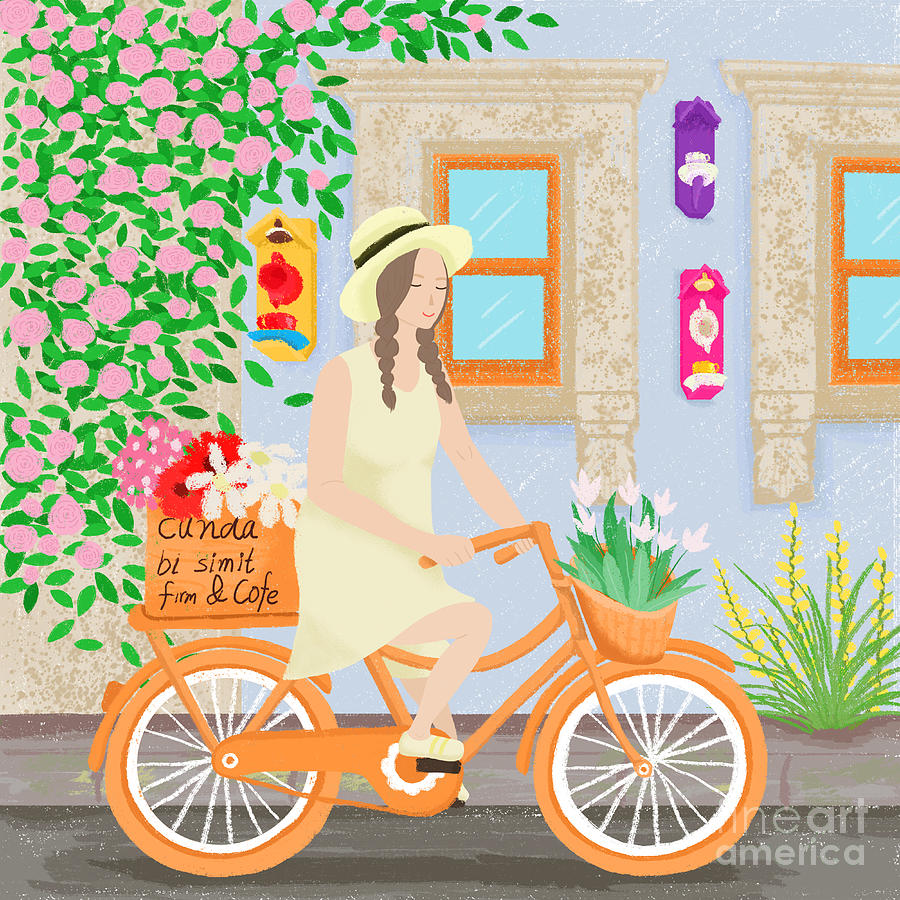 A girl on a bicycle Digital Art by Min Fen Zhu