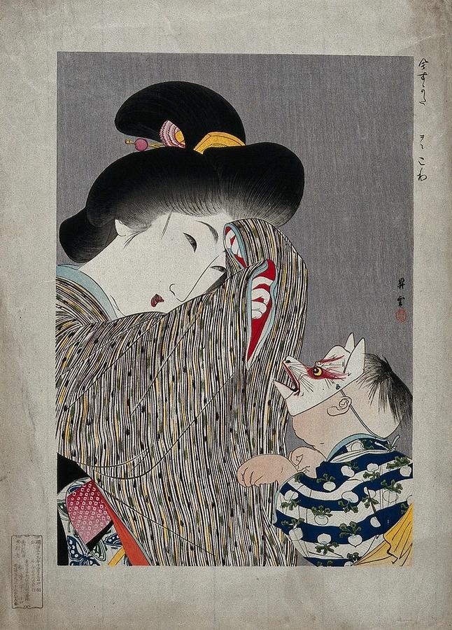 A girl pretending to be frightened by a boy in a fox mask. Colour woodcut by Yamamoto Painting by Artistic Rifki