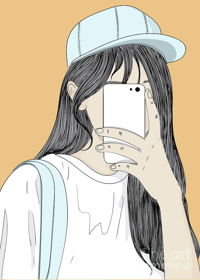 A Girl Taking A Selfie - Line Art Graphic Illustration Artwork Digital 