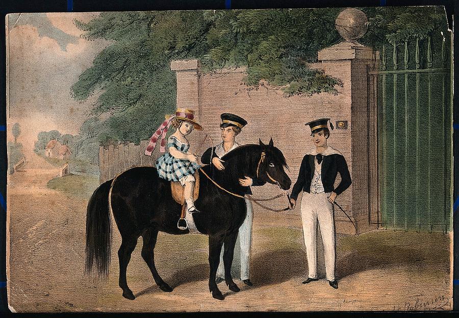 A girl wearing a straw hat and carrying a riding crop is seated on the back of a horse and two young Painting by Artistic Rifki