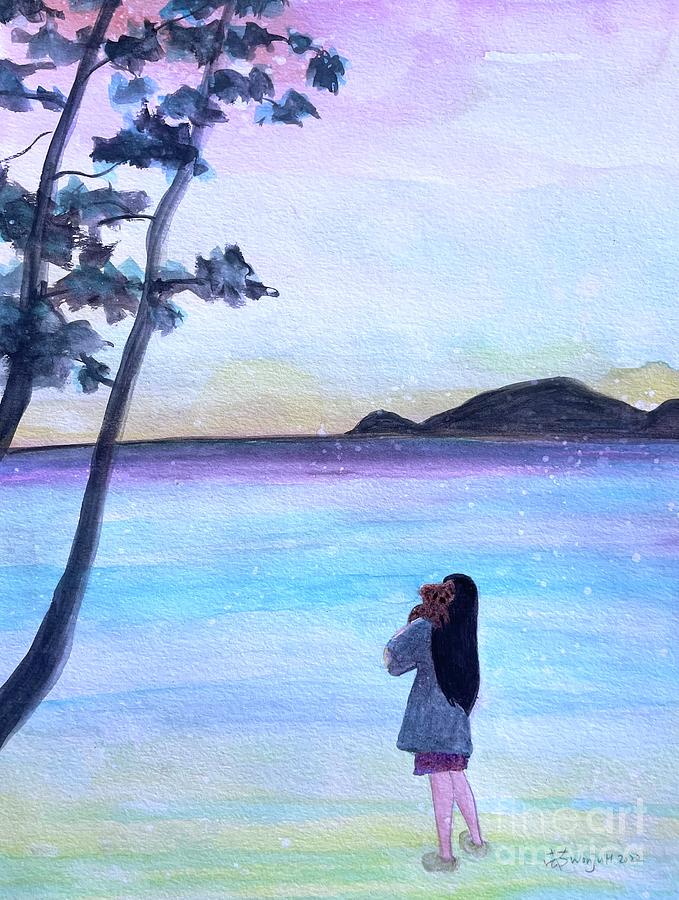 A Girl With A Puppy By The Sea Painting