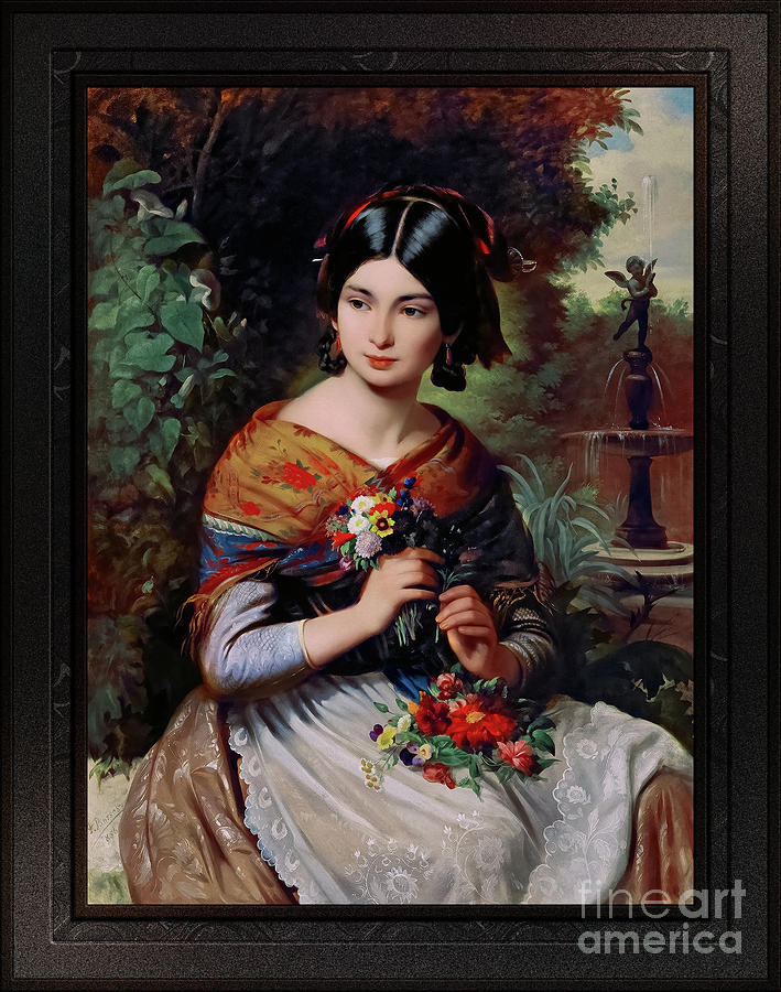A Girl With Flowers by Jozsef Borsos Remastered Xzendor7 Fine Art Classical Reproductions Painting by Rolando Burbon