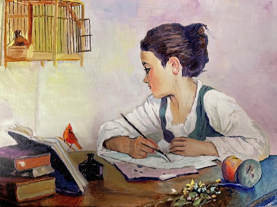 A Girl Writing Cardinal Painting by Ruben Carrillo