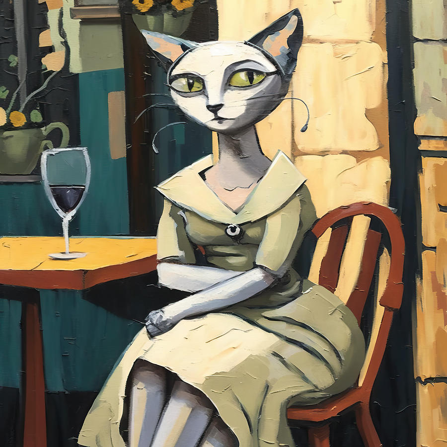 Cat Painting - A glas of wine by My Head Cinema