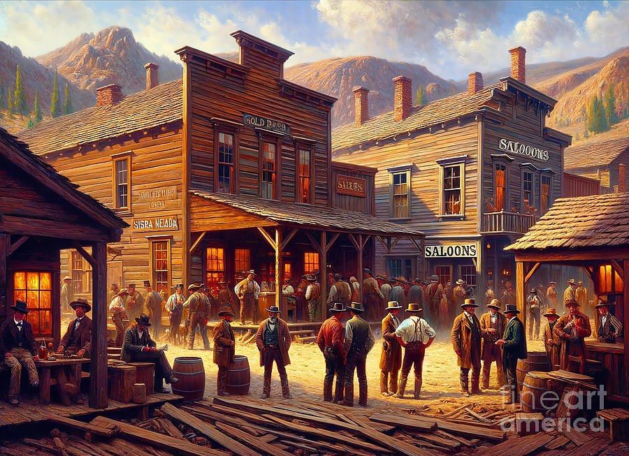 Nature Painting - A gold rush town in the Sierra Nevada, with miners and saloons. by Jeff Creation