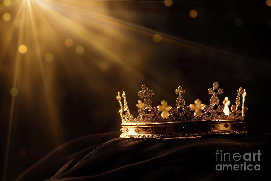 A golden crown placed elegantly on a luxurious bed under a beam of light. Photograph by Joaquin Corbalan