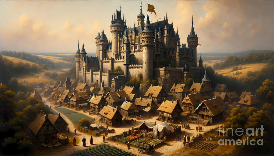 Castle Painting - A grand castle perched on a hilltop overlooking a medieval village by Jeff Creation