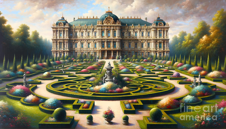 Garden Painting - A grand ornate palace surrounded by manicured gardens by Jeff Creation