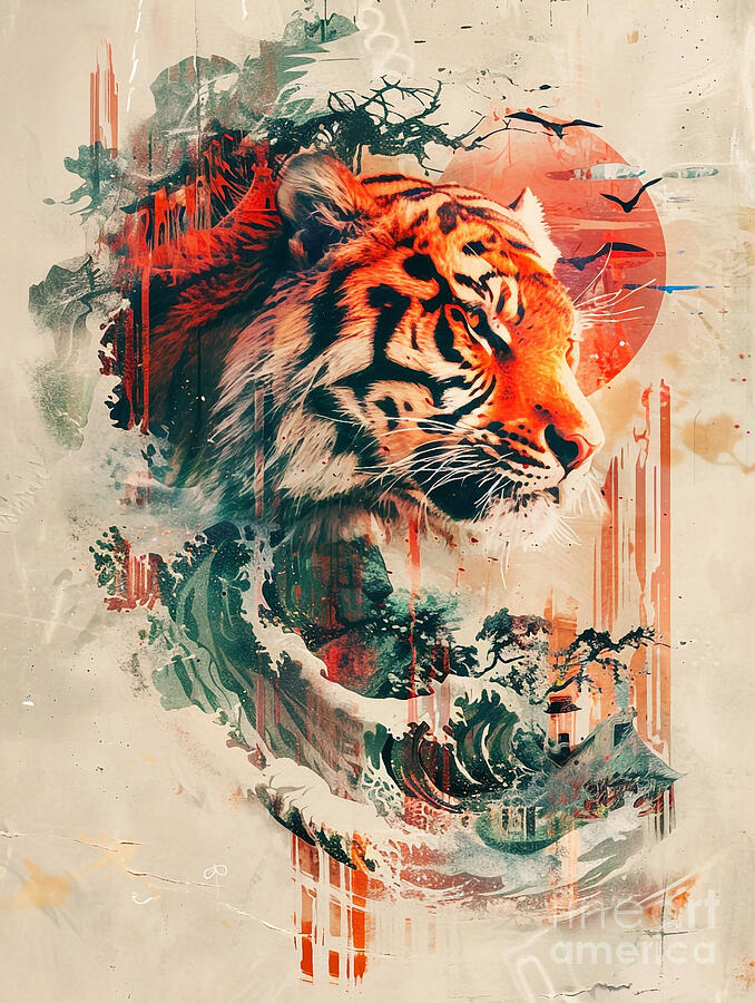 Abstract Drawing - A graphic design of Tiger Forest animal by Clint McLaughlin