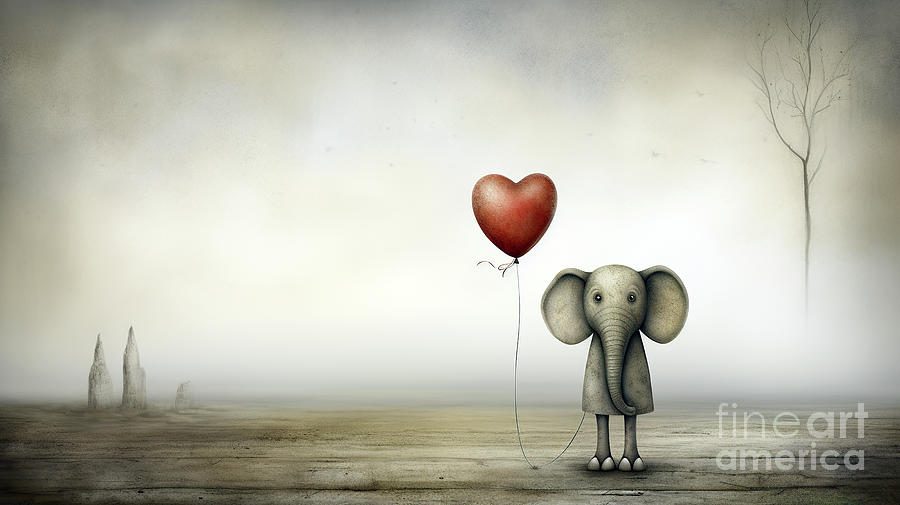 A gray elephant cartoon character is excitedly waiting for his love with a heart-shaped red balloon. Digital Art by Odon Czintos