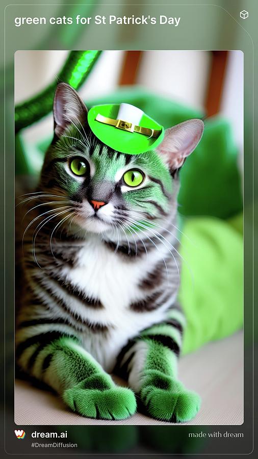 A Green Cat In A Green Hat For St. Pats Digital Art by Denise F Fulmer