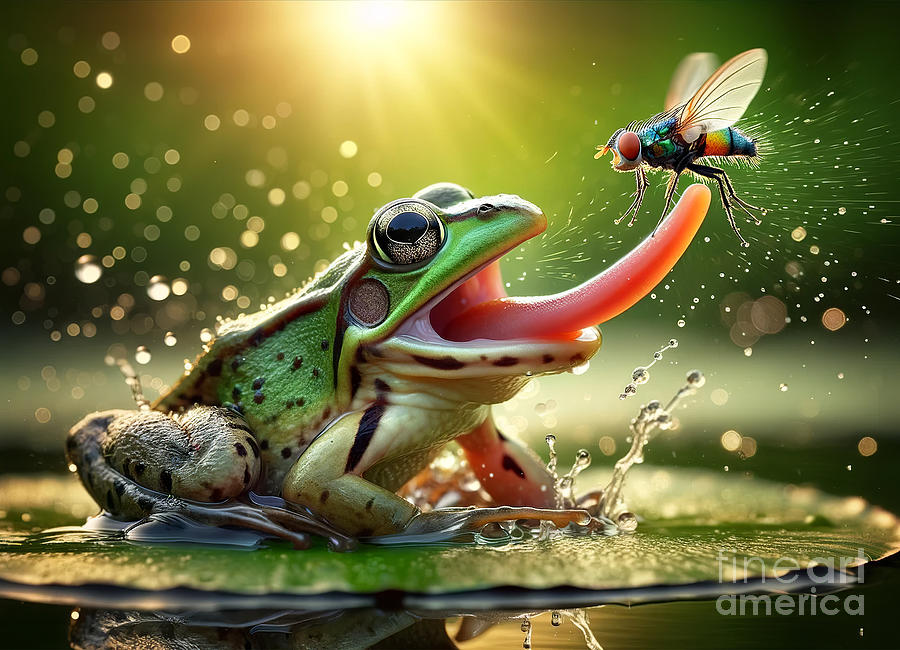 A green frog extends its tongue to catch a hovering fly Digital Art by Odon Czintos