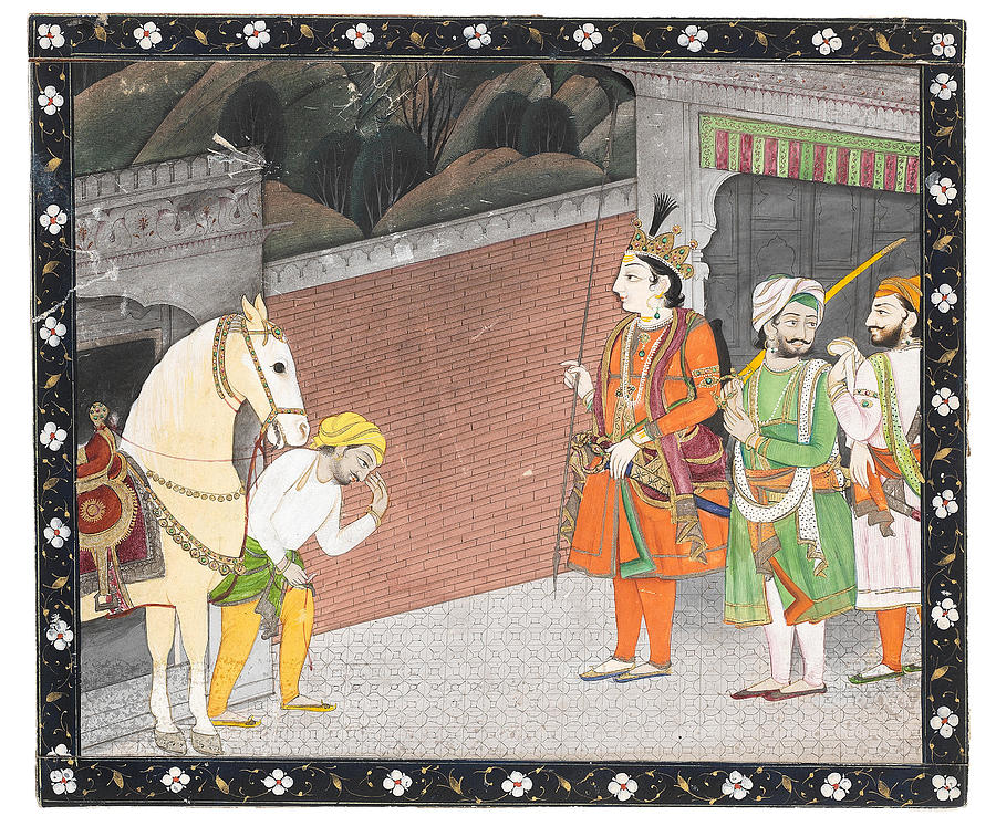 A groom leads a stallion to a nobleman Pahari, Kangra, circa 1830 Painting by Artistic Rifki