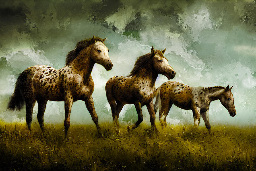 A group of appaloosa horses on pasture - digital painting Digital Art by Nicko Prints