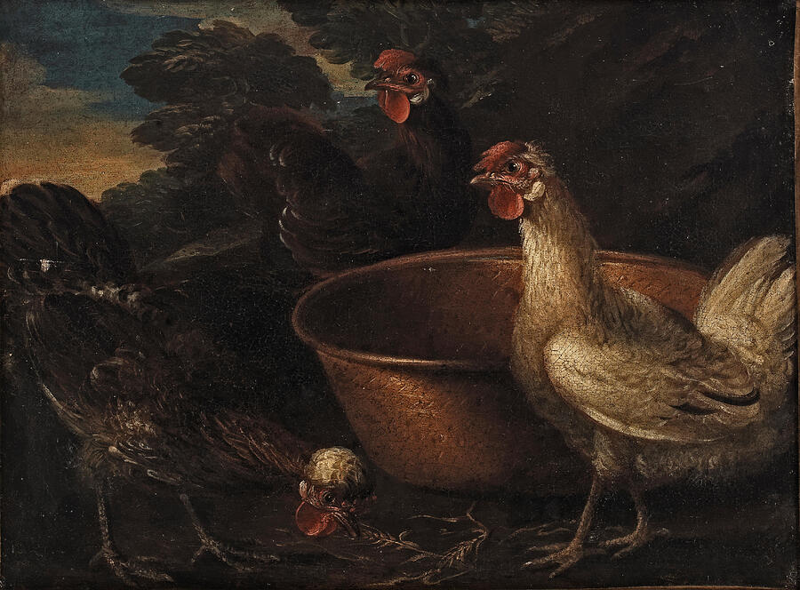 A group of chickens is depicted with a large, dominant rooster standing prominently in the foregroun Painting by MotionAge Designs