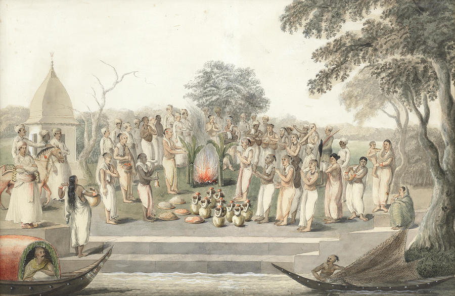 A group of devotees and musicians making offerings at a riverside shrine Murshidabad, late 18th earl Painting by Artistic Rifki