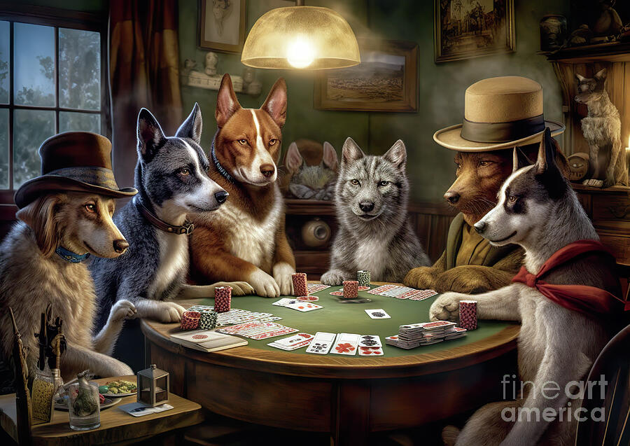 Dog Digital Art - A group of dogs with human-like expressions is seated around a round table playing a game of poker. by Odon Czintos