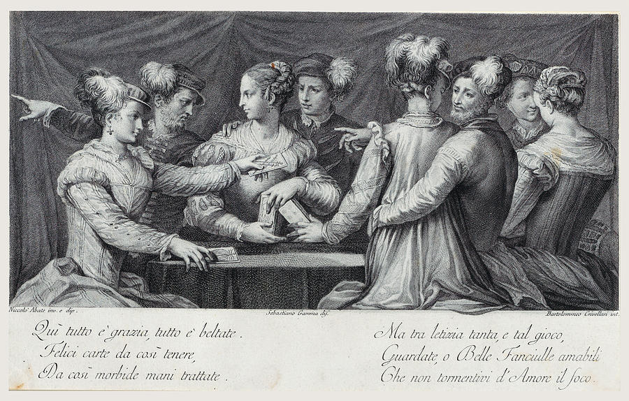 A group of elegantly dressed people playing cards Drawing by Bartolomeo Crivellari