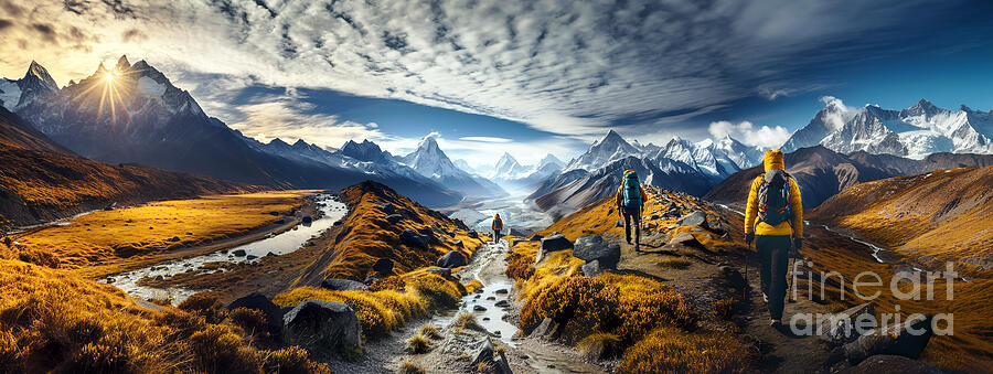 Mountain Digital Art - A group of hikers is trekking through a breathtaking mountainous landscape with the sun by Odon Czintos