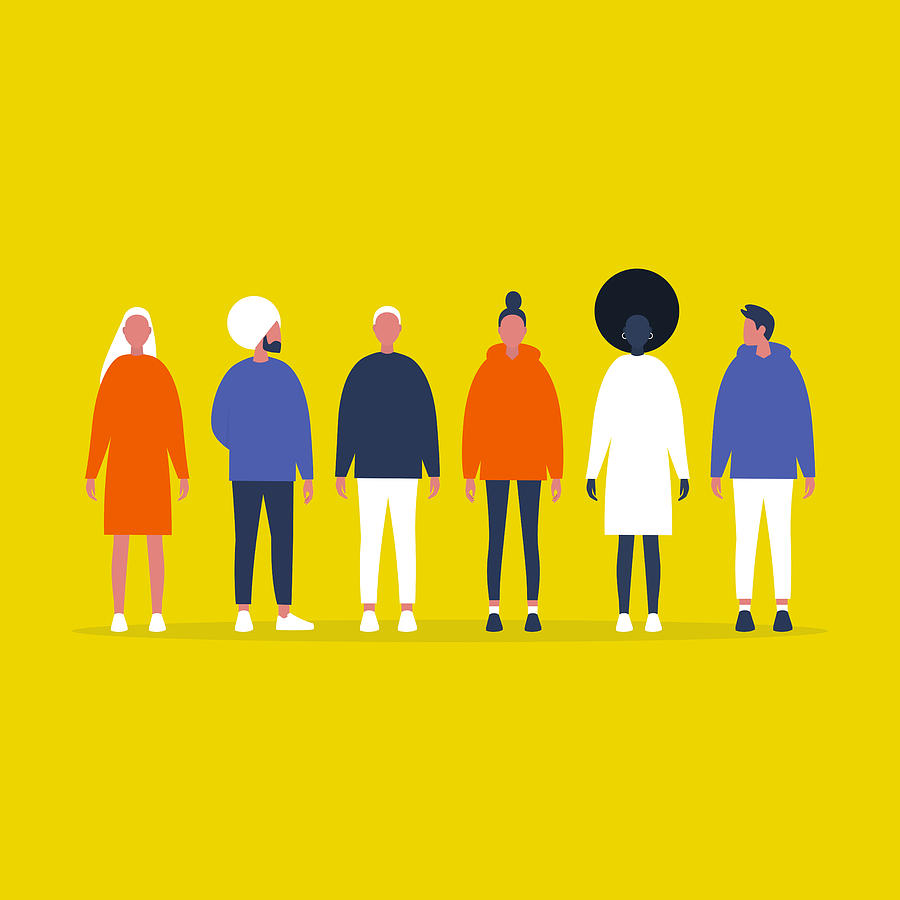 A group of millennials. People standing on line. Full length front view. Community. Friends. Team. Collection. Flat editable vector illustration, clip art Drawing by Nadia_bormotova