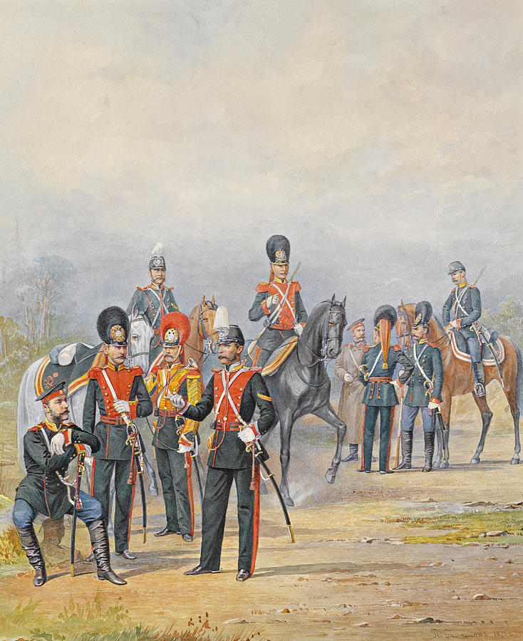A group of officers and man of the life guards dragoon regiment Drawing by Petr Balashov