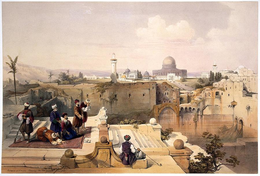A group of worshippers at the site of a temple, with the mosque of Omar, Jerusalem, Israel. Coloured Painting by Artistic Rifki