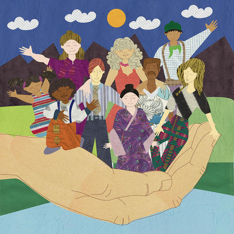 A hand holding multicultural people Drawing by Muriel Frega