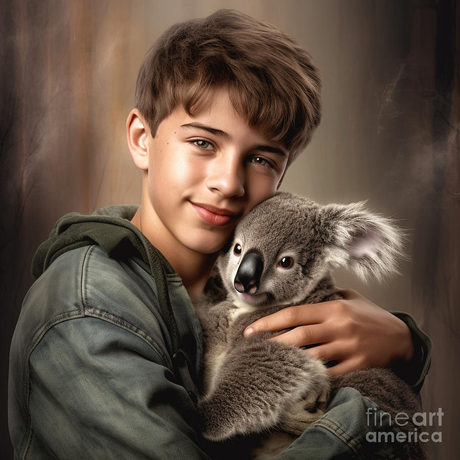 Fantasy Painting - a  handsome  teen  boy  hugging  a  koala    Clear  deta  by Asar Studios by Celestial Images