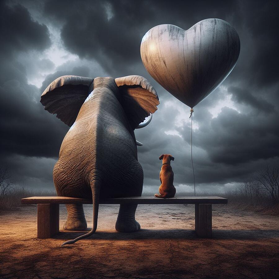 A Heartwarming Scene - Elephant and Dog Sit Together Under Stormy Skies Digital Art by Artfinity X A Heartwarming Scene - Elephant and Dog Sit Together Under Stormy Skies Digital Art by Artfinity X