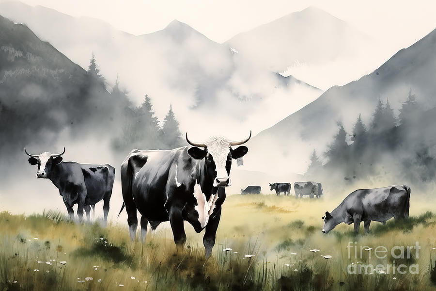 Summer Painting - A Herd Of Black And White Cows In A Meadow In The Mountains Wate by N Akkash