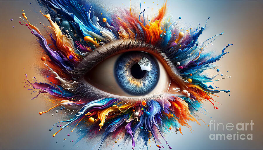 A highly detailed and colorful human eye is depicted with vibrant splashes Digital Art by Odon Czintos