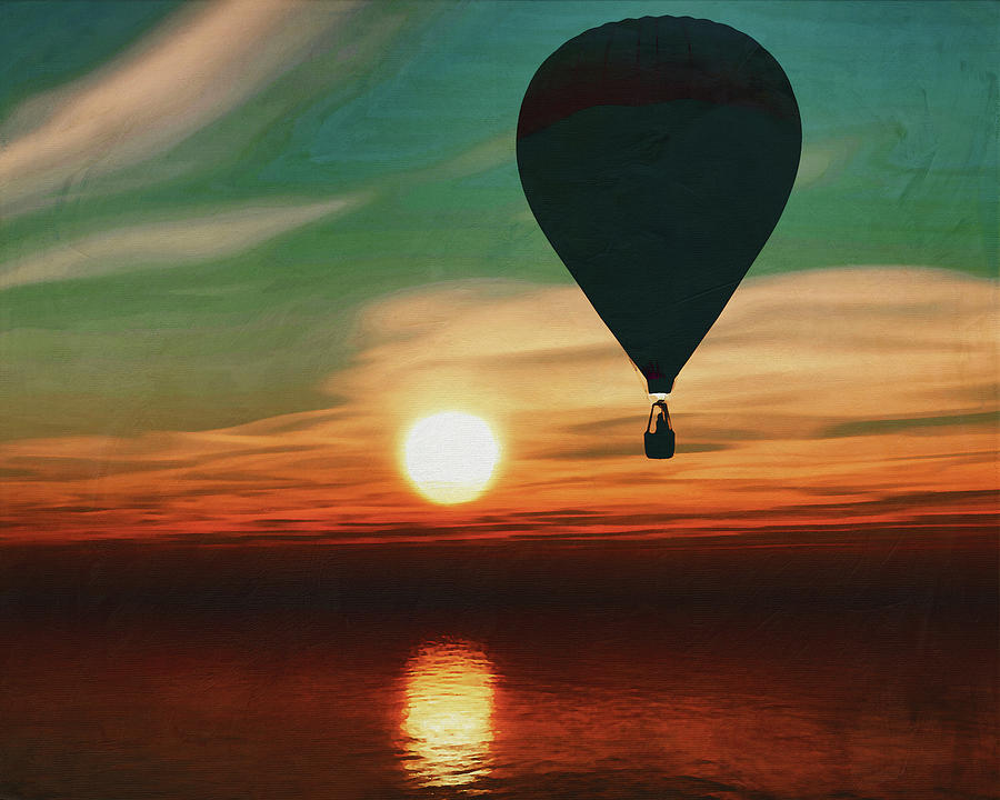 A hot air balloon travels over the sea during sunset Painting by Jan Keteleer
