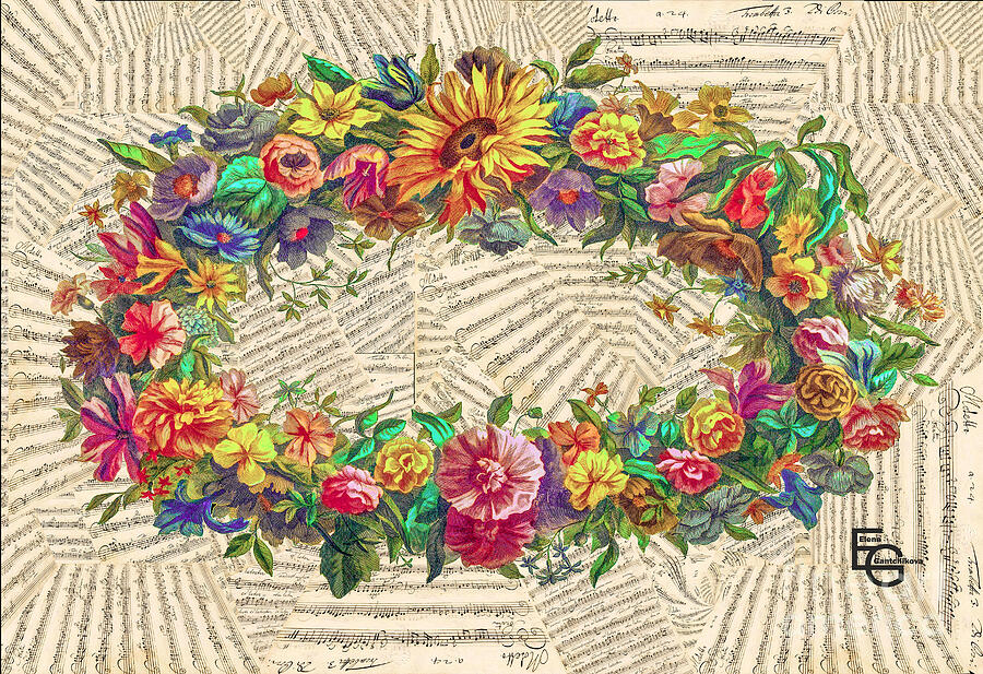 A huge luxurious flower wreath on the background of a collage of musical scores. Mixed Media by Elena Gantchikova
