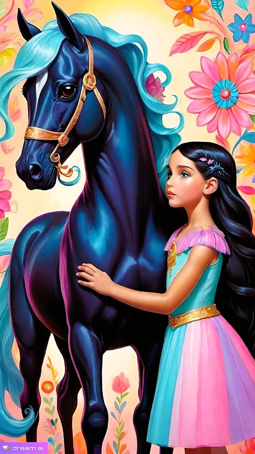 A I Black Horse and Girl 1 Digital Art by Denise F Fulmer