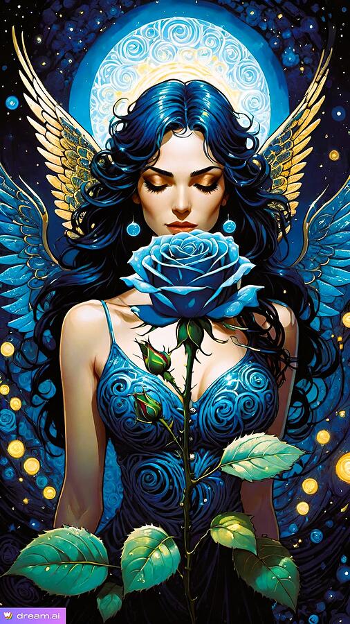 A I Blue Angel With Her Rose  Digital Art by Denise F Fulmer