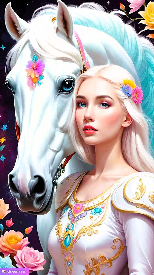 A I White Horse and Girl 2 Digital Art by Denise F Fulmer